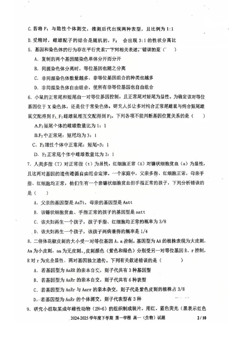 吉林省长春市十一高中2024-2025学年高一下学期4月第一学程考试生物试卷（扫描版，无答案）_2024-2025高一（7-7月题库）_2025年05月试卷