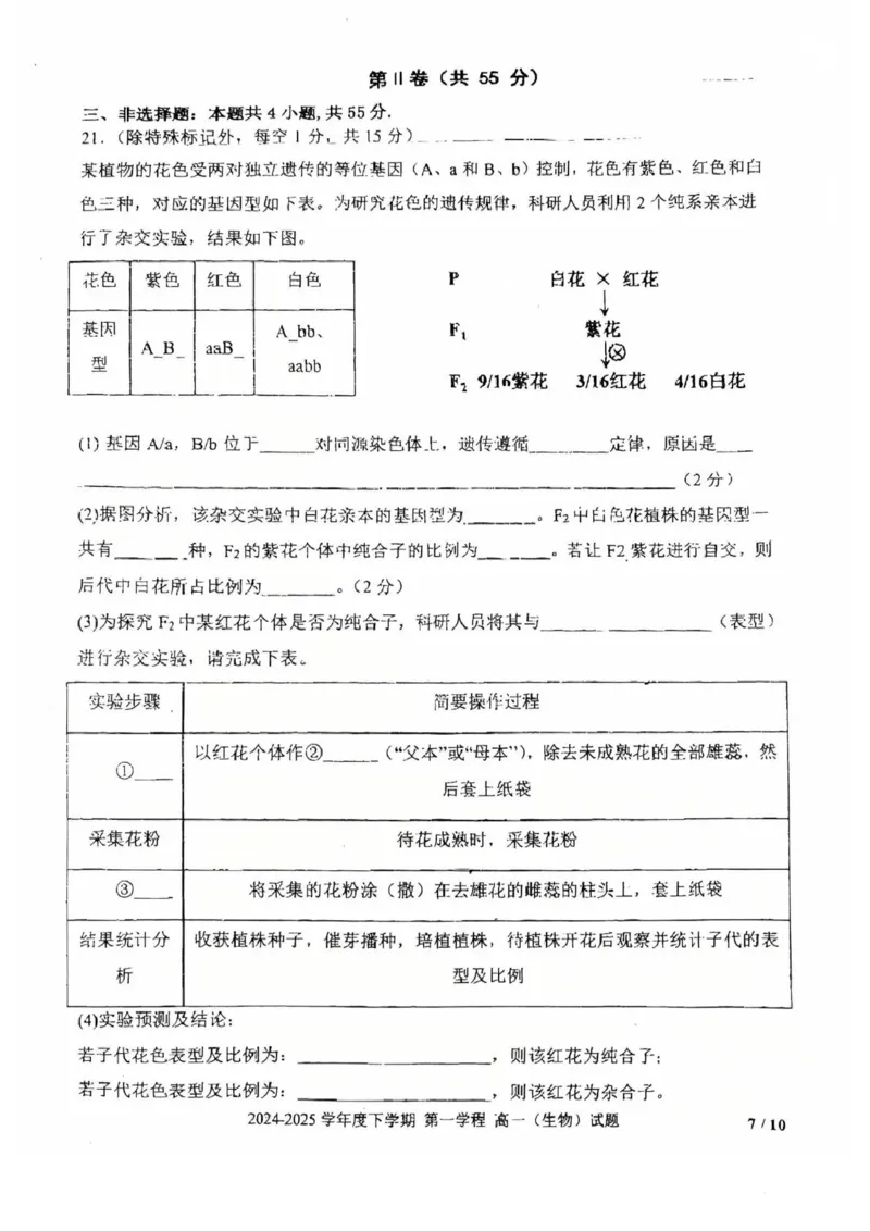 吉林省长春市十一高中2024-2025学年高一下学期4月第一学程考试生物试卷（扫描版，无答案）_2024-2025高一（7-7月题库）_2025年05月试卷