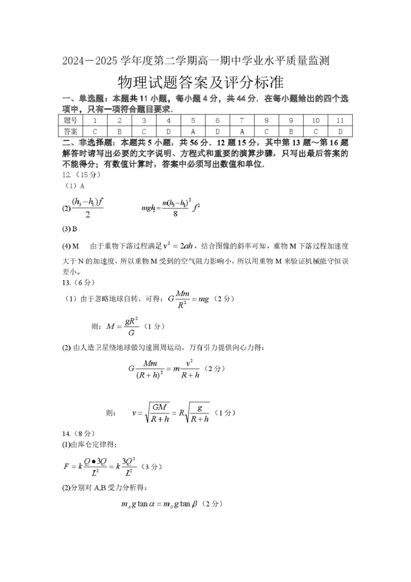 江苏省连云港市赣榆区2024-2025学年高一下学期4月期中考试物理（A）PDF版含答案_2024-2025高一（7-7月题库）_2025年05月试卷_0513江苏省连云港市赣榆区2024-2025学年高一下学期4月期中考试