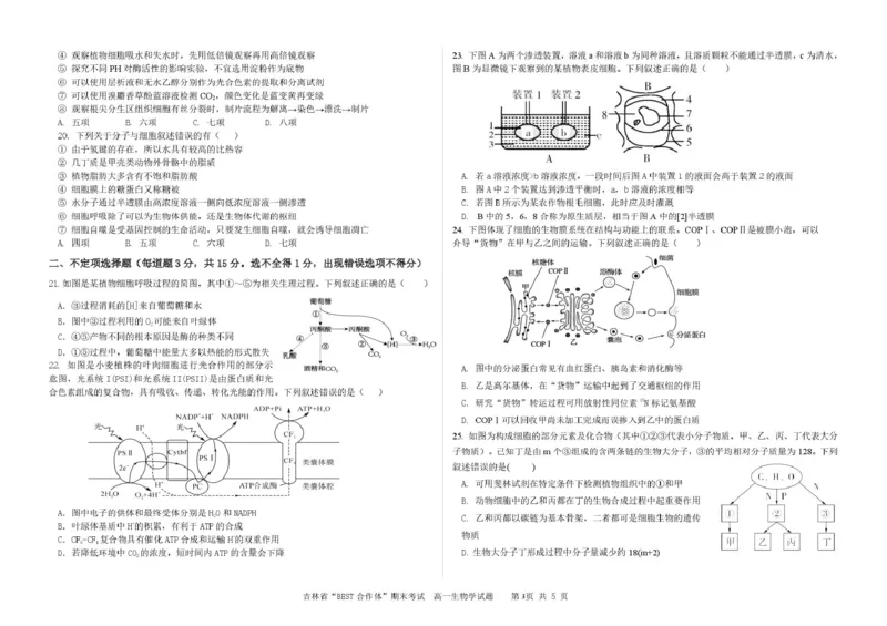 吉林省&ldquo;BEST合作体&rdquo;2024-2025学年高一上学期期末考试生物PDF版含答案_2024-2025高一（7-7月题库）_2025年01月试卷_0115吉林省&ldquo;BEST合作体&rdquo;2024-2025学年高一上学期期末考试