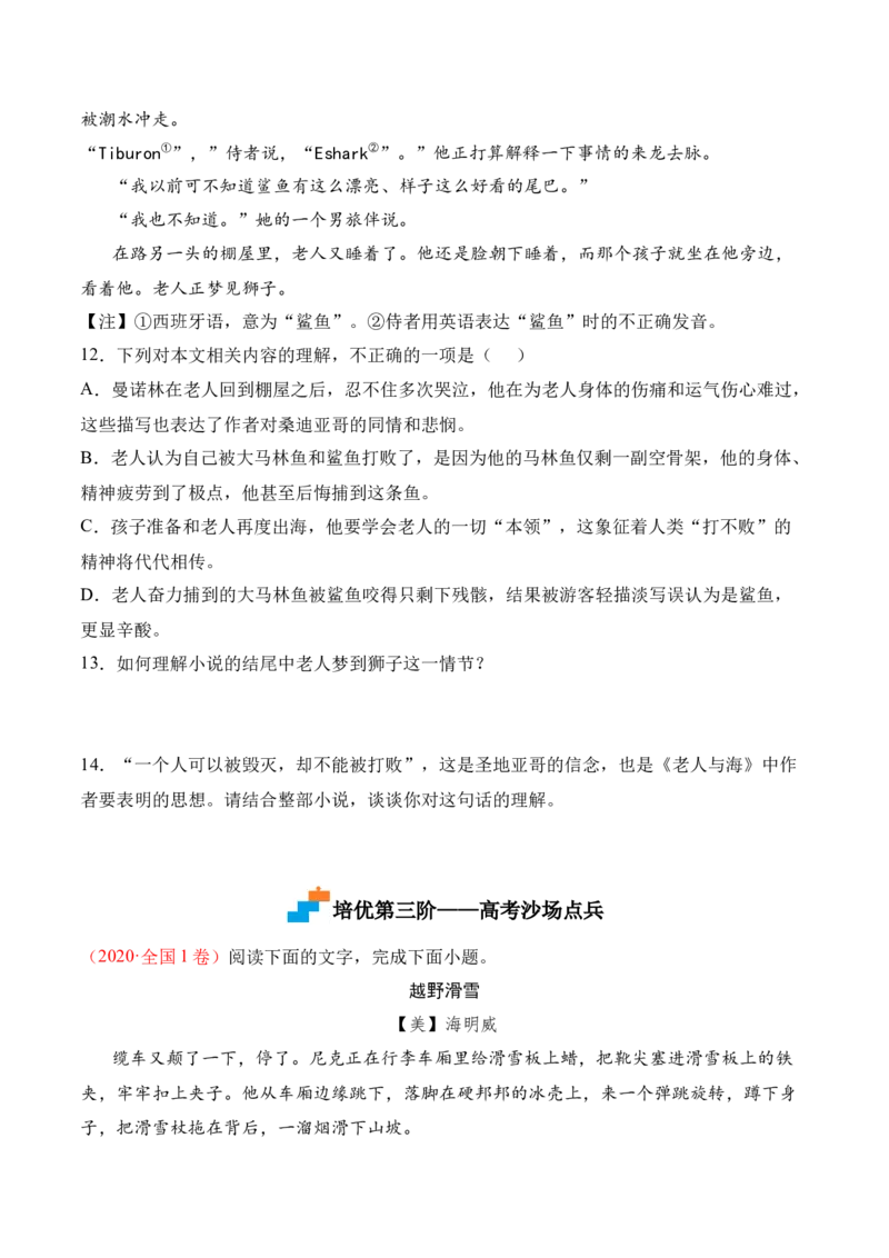 第10课《老人与海（节选）》-2022-2023学年高二语文课后培优分级练（统编版选择性必修上册）（原卷版）_E015高中全科试卷_语文试题_选修上_3.新版高中语文试卷选择性必修上册