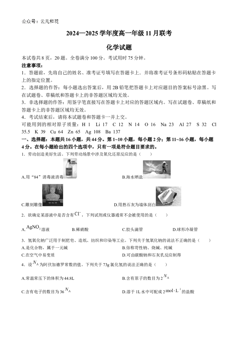 广东省衡水金卷2024-2025学年高一上学期11月联考化学试题（含解析）_2024-2025高一（7-7月题库）_2024年11月试卷_1108广东省衡水金卷2024-2025学年高一上学期11月联考
