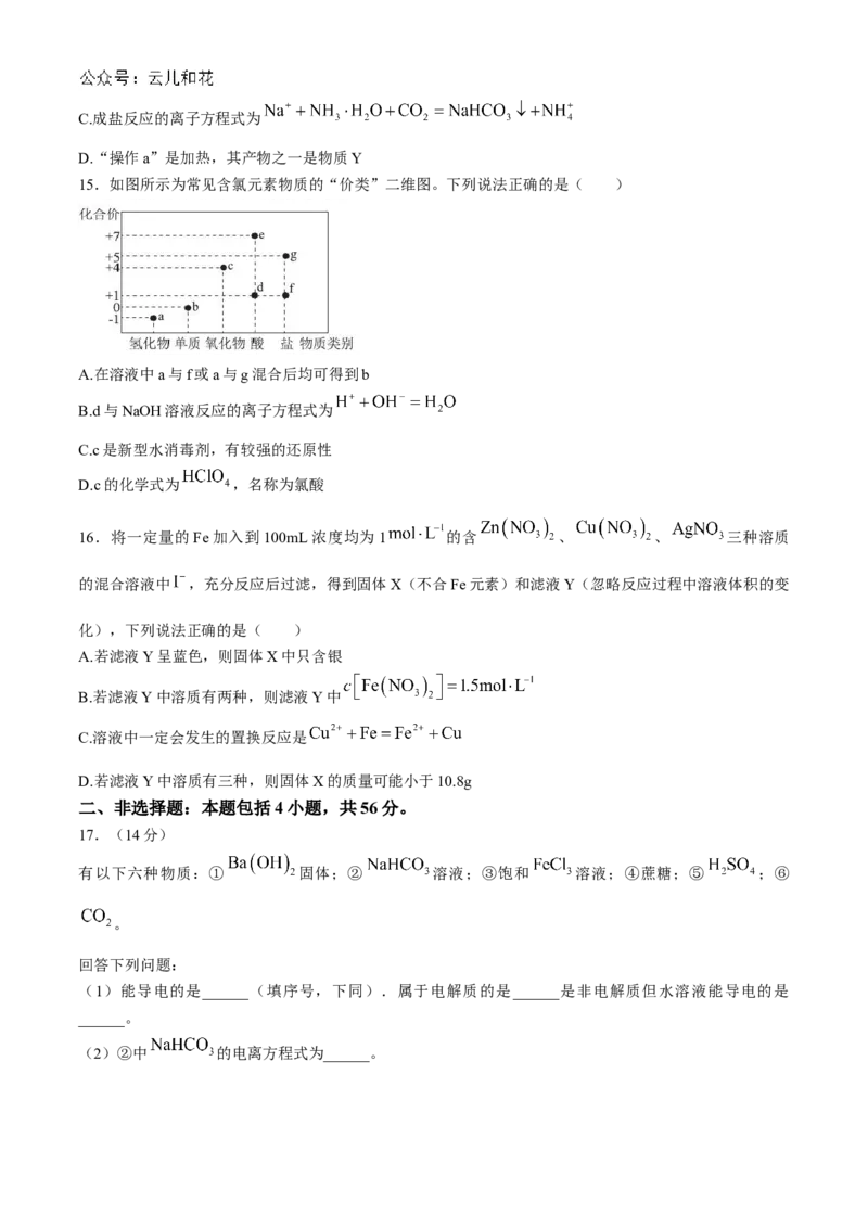 广东省衡水金卷2024-2025学年高一上学期11月联考化学试题（含解析）_2024-2025高一（7-7月题库）_2024年11月试卷_1108广东省衡水金卷2024-2025学年高一上学期11月联考
