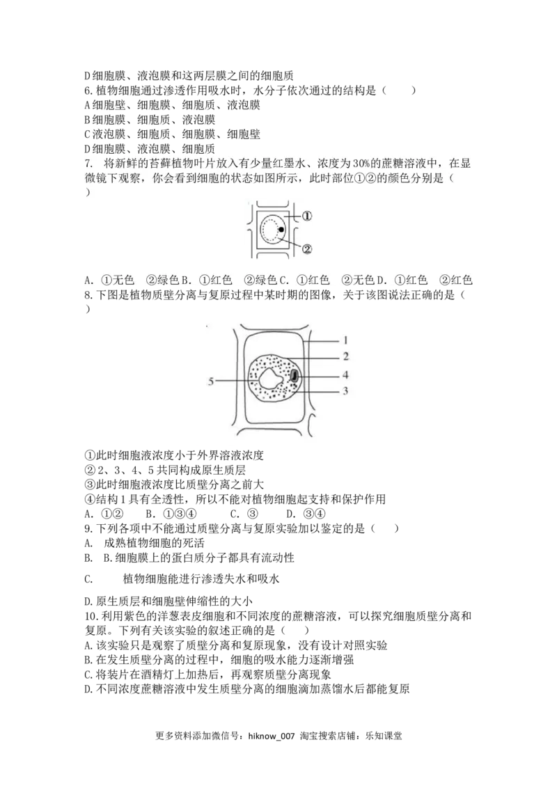 4.1被动运输练习新教材人教版（2019）高中生物必修一_E015高中全科试卷_生物试题_必修1_2.同步练习_4.同步练习（第四套）