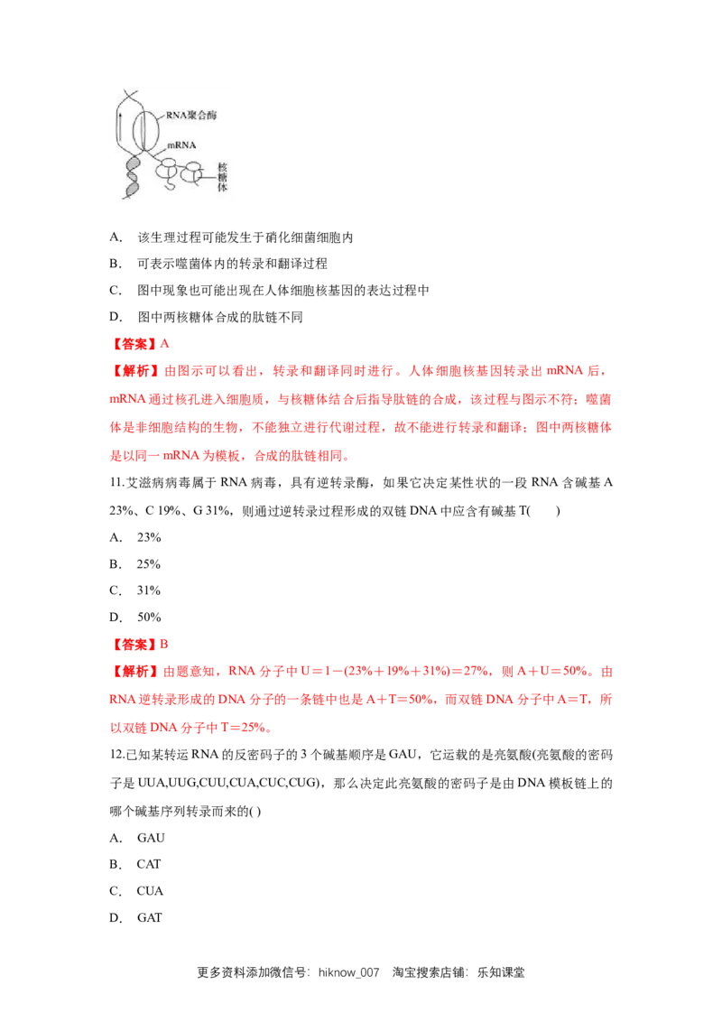 新教材精创4.1.2基因指导蛋白质的合成练习（1）（解析版）_E015高中全科试卷_生物试题_必修2_2.同步练习_1、同步练习