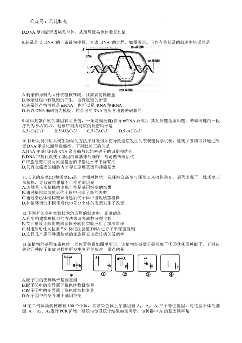 宣城市2023-2024学年度第二学期期末调研测试高一生物试题word版_2024-2025高一（7-7月题库）_2024年8月试卷_0815安徽省宣城市2023-2024学年高一下学期期末调研测试