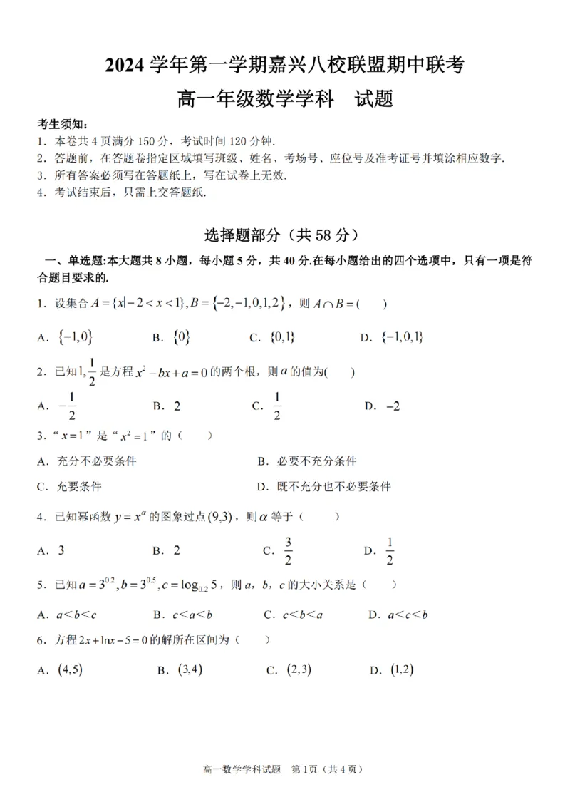 数学卷-嘉兴八校高一期中(1)_2024-2025高一（7-7月题库）_2024年11月试卷_1117浙江省嘉兴八校2024-2025学年高一期中