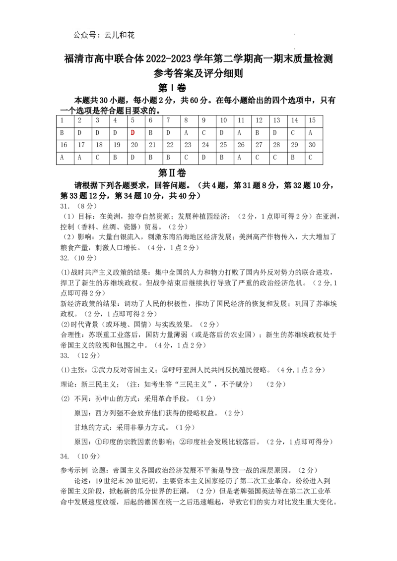 2022-2023福清市高一年下期末历史答案_2024-2025高一（7-7月题库）_2024年8月试卷_0802福建省福清市2023-2024学年高一下学期期末考试
