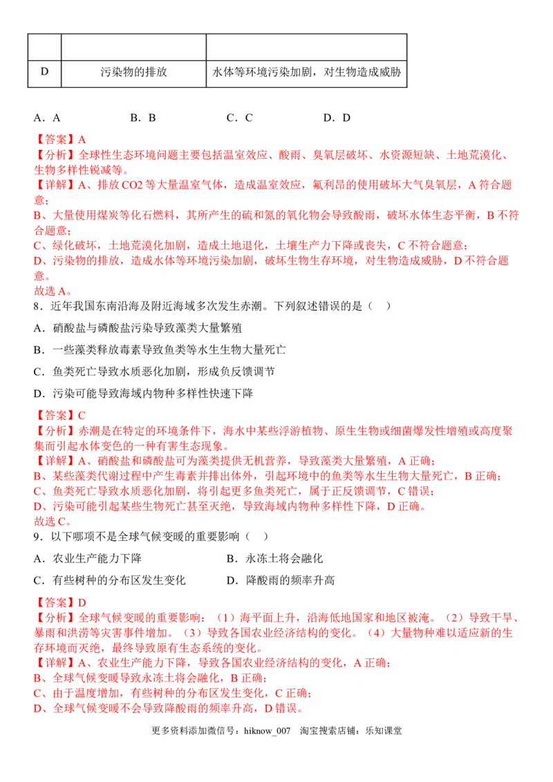 4.1人类活动对生态环境的影响（解析版）_E015高中全科试卷_生物试题_选修2_2.同步练习_1.课后培优练2023年