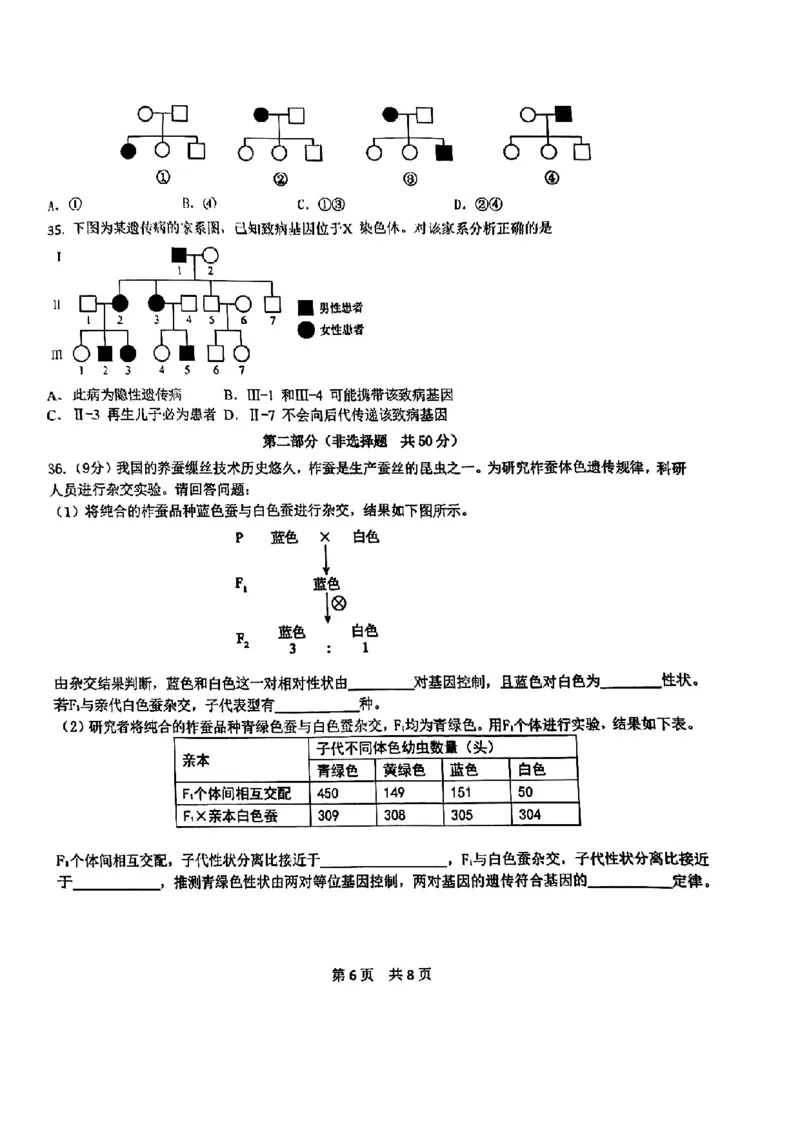 北京市第五十五中学2024-2025学年高一下学期3月月考生物试卷（扫描版，含答案）_2024-2025高一（7-7月题库）_2025年04月试卷_0401北京市第五十五中学2024-2025学年高一下学期3月月考