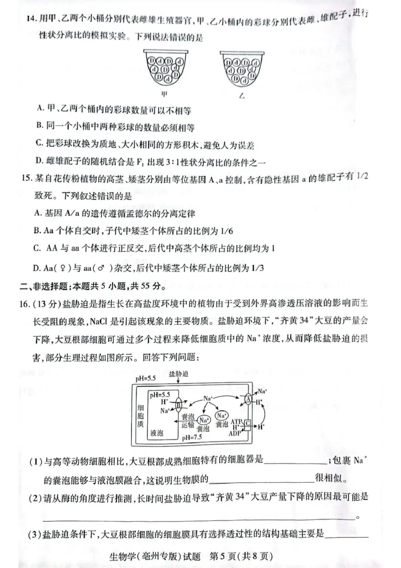 安徽省滁州市2024-2025学年高一下学期3月月考生物试题（扫描版有答案）_2024-2025高一（7-7月题库）_2025年03月试卷_0326安徽省滁州市部分学校2024-2025学年高一下学期3月月考