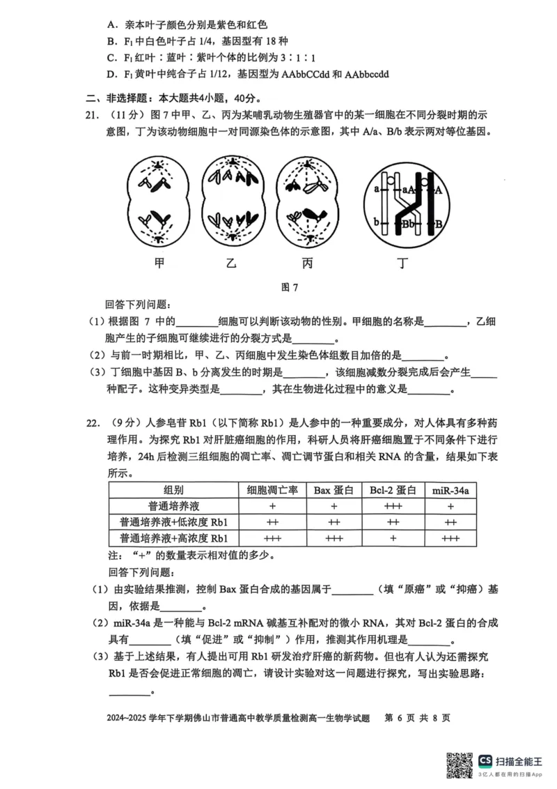 广东省佛山市2024-2025学年高一下学期6月期末生物_2024-2025高一（7-7月题库）_2025年7月_250703广东省佛山市2024-2025学年高一下学期普通高中教学质量检测