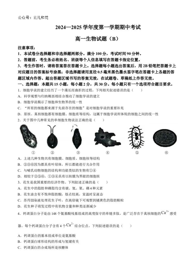 山东省菏泽市2024-2025学年高一上学期11月期中考试生物试题（B卷）(含答案)_2024-2025高一（7-7月题库）_2024年11月试卷_1126山东省菏泽市2024-2025学年高一上学期11月期中考试