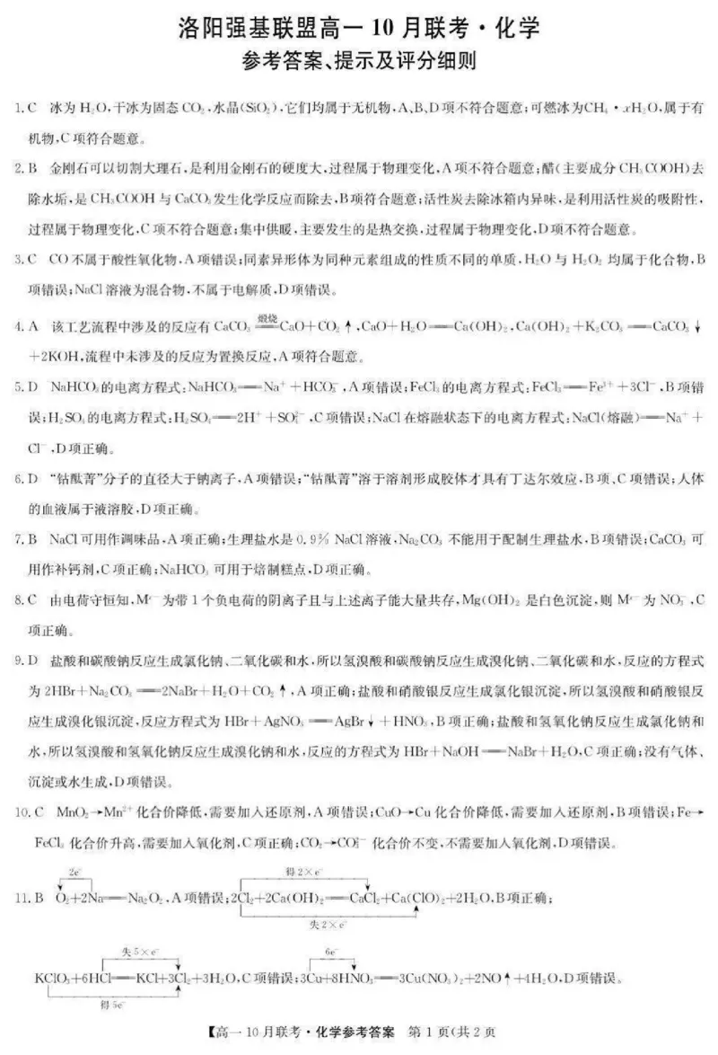 化学-河南洛阳九师联盟2024-2025学年高一上学期10月联考(1)_2024-2025高一（7-7月题库）_2024年10月试卷_1022河南洛阳九师联盟2024-2025学年高一上学期10月联考