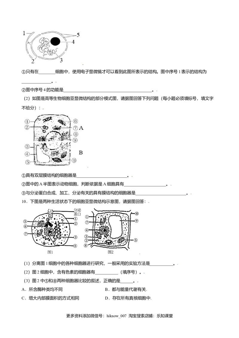 3.3细胞核的结构和功能-高一生物课后培优练（人教版2019必修1）（原卷版）_E015高中全科试卷_生物试题_必修1_2.同步练习_3.同步练习（第三套）