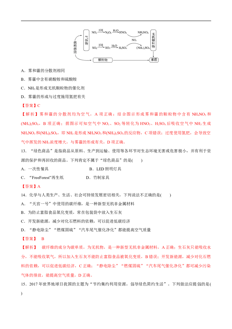 人教版新教材化学同步018.3环境保护和绿色化学（解析版）_E015高中全科试卷_化学试题_必修2_2.新版人教版高中化学试卷必修二_2.同步练习_4.同步练习（第四套）