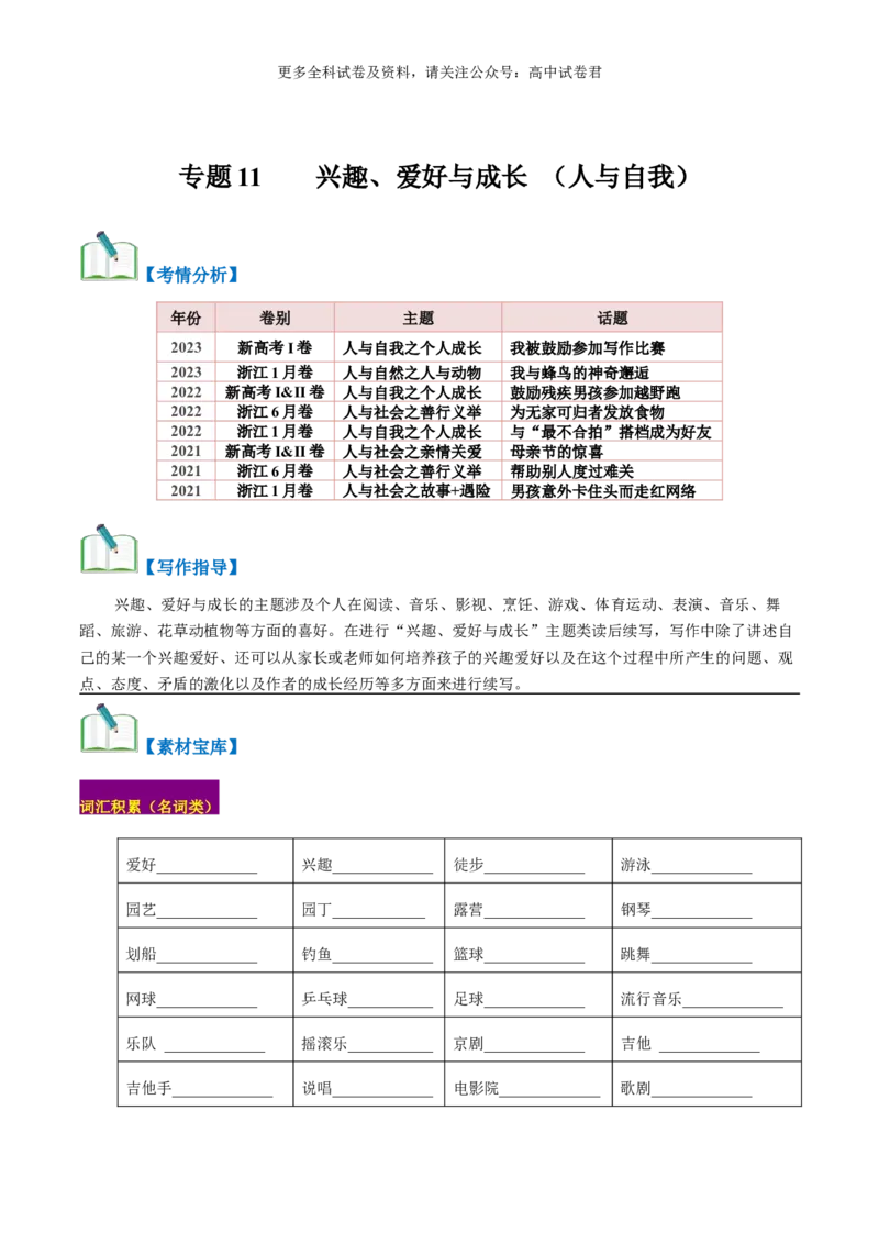 专题11兴趣、爱好与成长（读后续写话题之人与自我）-高频&middot;热点2024年高考英语话题写作通关必备攻略（原卷版）_2024年4月_其他
