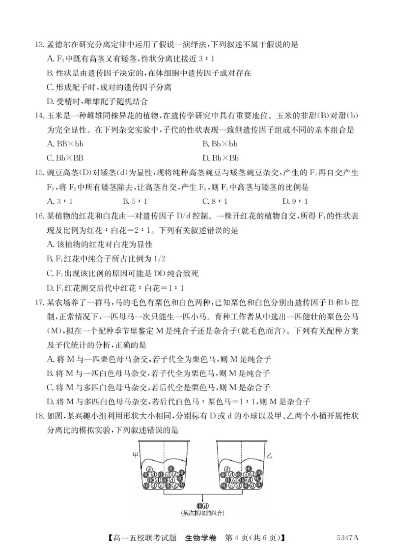 广东省惠州仲恺中学等五校2024-2025学年高一下学期4月联考生物试卷（扫描版有答案）_2024-2025高一（7-7月题库）_2025年04月试卷