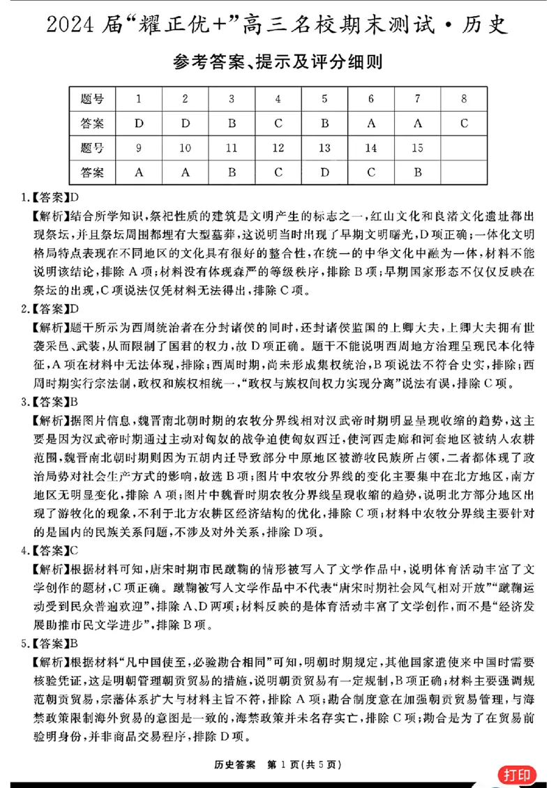 历史参考答案提示及评分细则(1)_2024年2月_022月合集_2024届安徽&ldquo;耀正优+&rdquo;高三名校期末测试