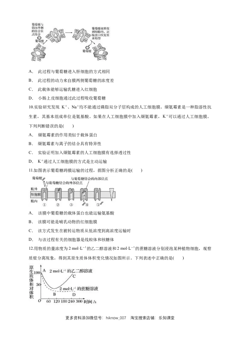 4.1被动运输练习（1）（原卷版）_E015高中全科试卷_生物试题_必修1_2.同步练习_2.同步练习（第二套）_4.1被动运输练习（1）
