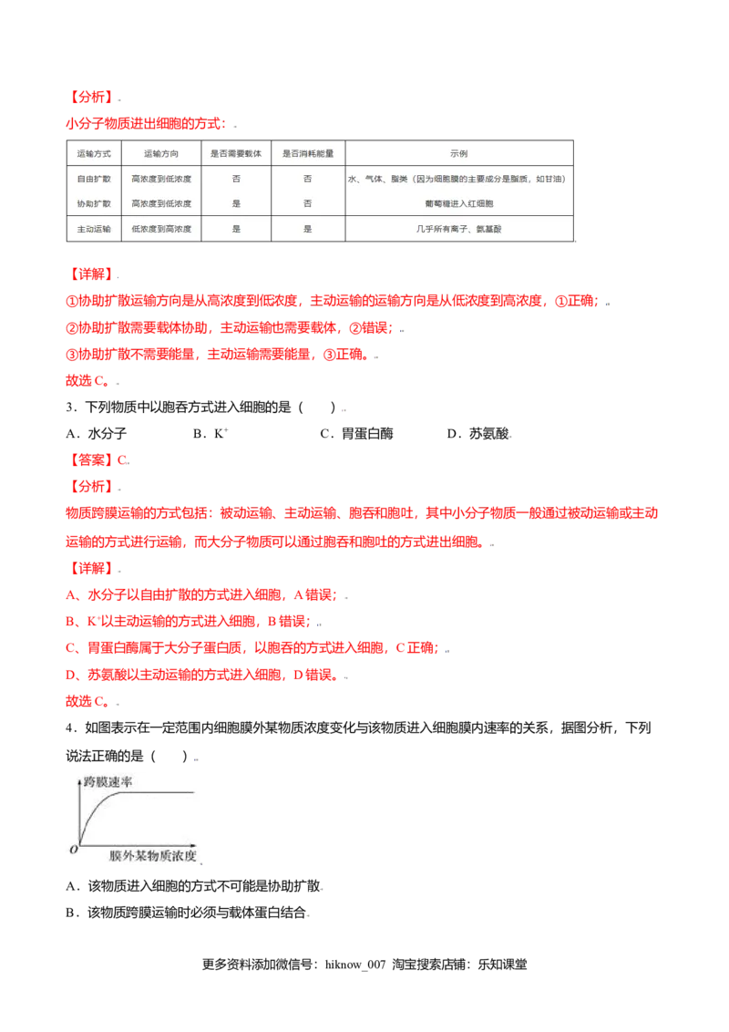 4.2主动运输与胞吞、胞吐-高一生物课后培优练（人教版2019必修1）（解析版）_E015高中全科试卷_生物试题_必修1_2.同步练习_3.同步练习（第三套）