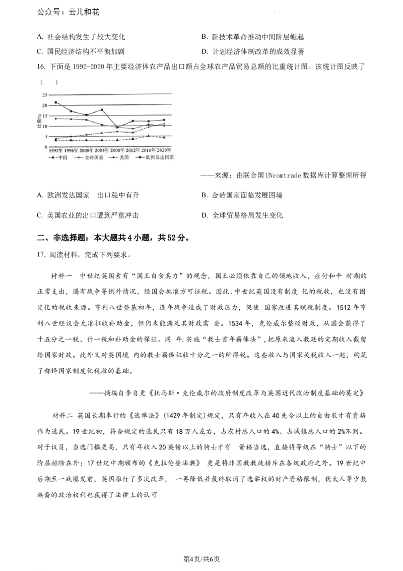 广西壮族自治区河池市2023-2024学年高一下学期期末学业水平质量检测历史试题（原卷版）_2024-2025高一（7-7月题库）_2024年7月试卷_0724广西河池市2023-2024学年高一下学期7月期末