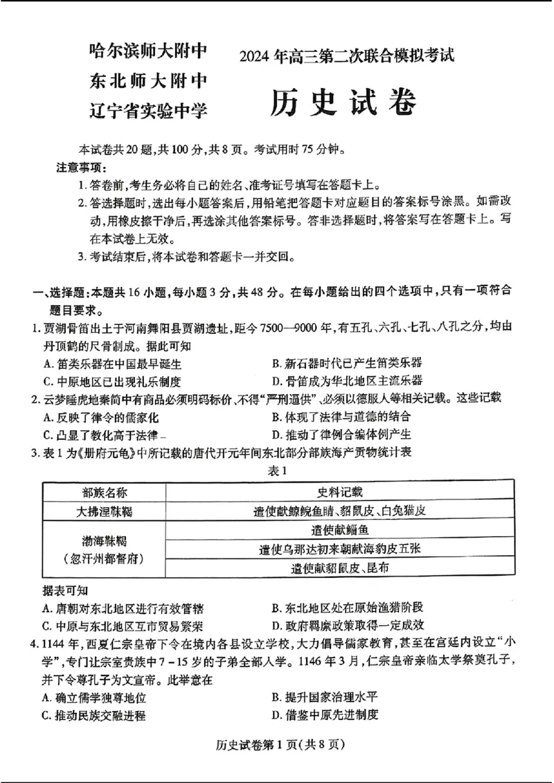 东北三省三校二模-历史(1)_2024年4月_024月合集_2024届东北三省三校高三第二次联合模拟考试