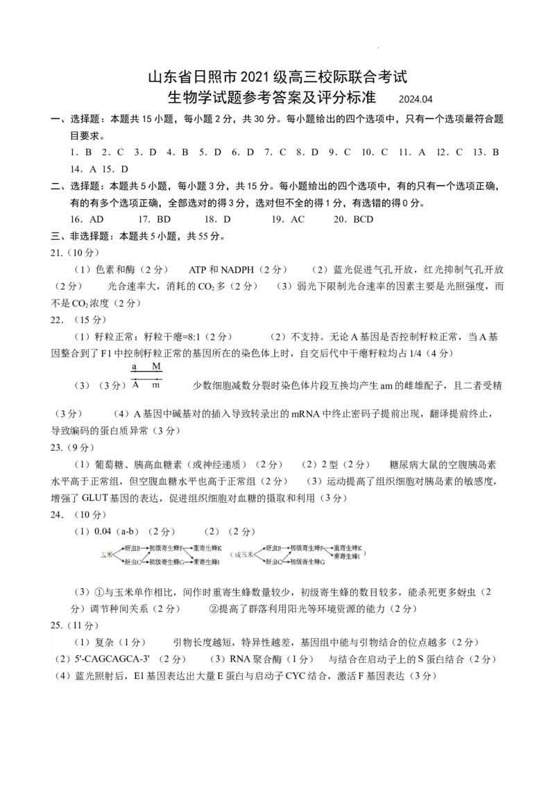 参考答案_2024年4月_01按日期_29号_2024届山东省日照市高三二模_2024届山东省日照市高三二模生物试题