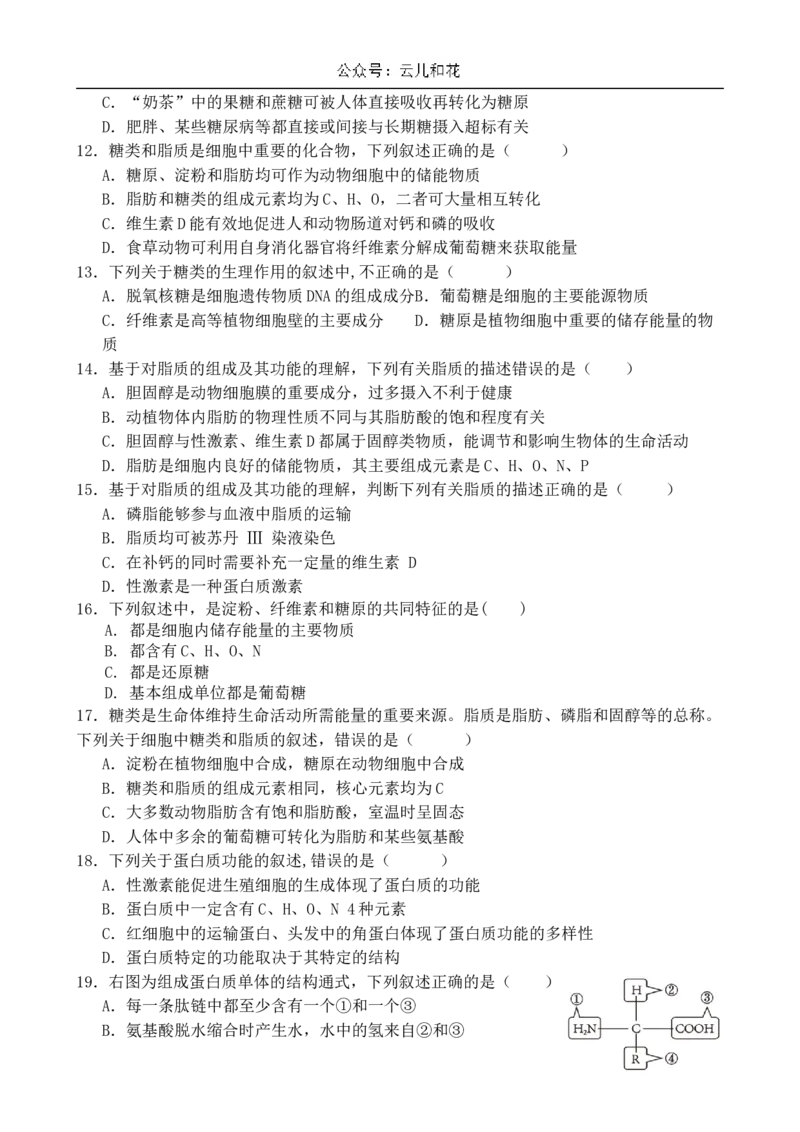山东省济南市第一中学2024-2025学年高一上学期10月学情检测试题生物Word版含答案_2024-2025高一（7-7月题库）_2024年11月试卷_1102山东省济南市第一中学2024-2025学年高一上学期10月学情检测