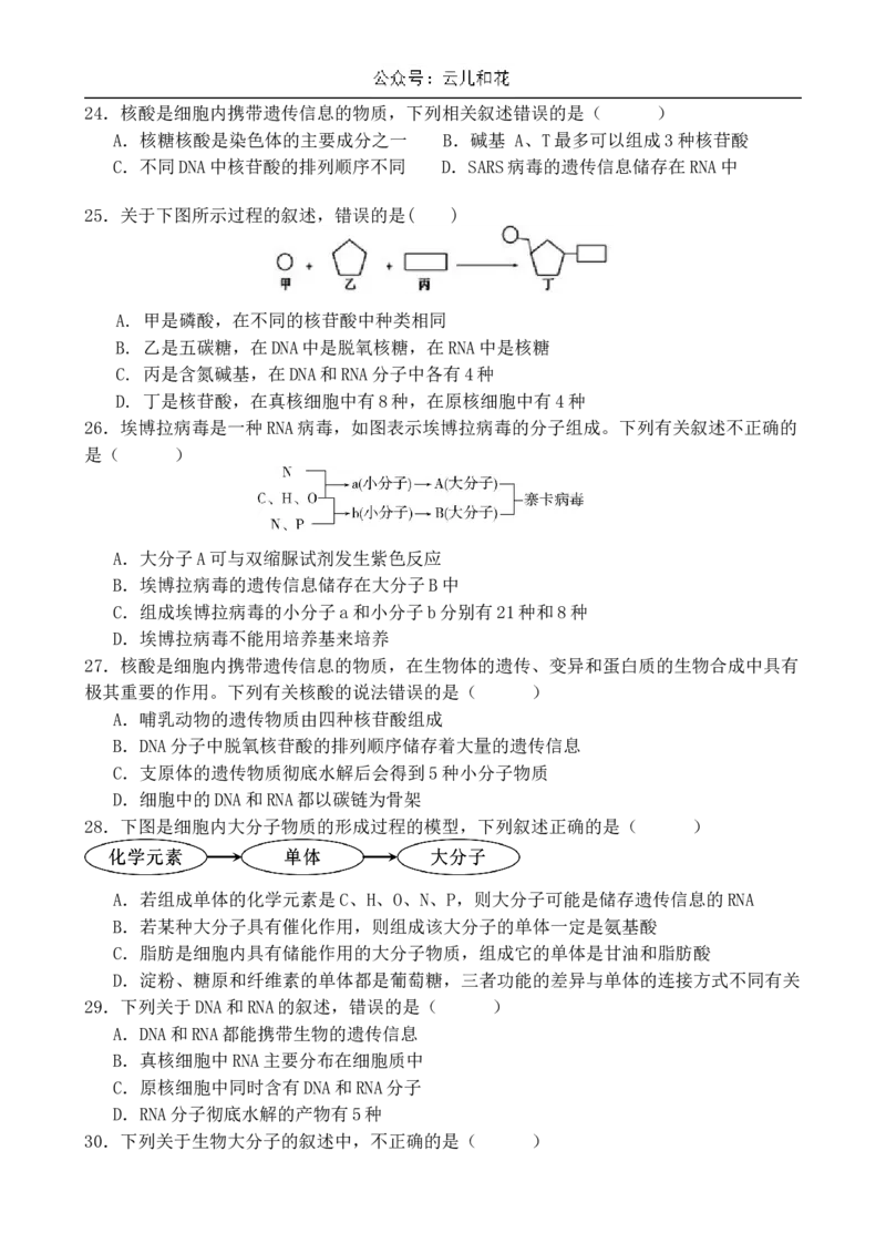山东省济南市第一中学2024-2025学年高一上学期10月学情检测试题生物Word版含答案_2024-2025高一（7-7月题库）_2024年11月试卷_1102山东省济南市第一中学2024-2025学年高一上学期10月学情检测