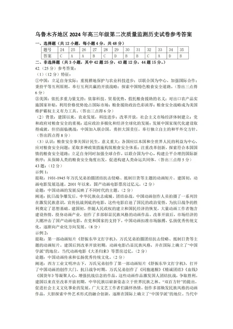 历史答案_2024年3月_013月合集_2024届新疆区乌鲁木齐高三下学期第二次质量监测_2024届新疆乌鲁木齐高三下学期第二次质量检测文综试题