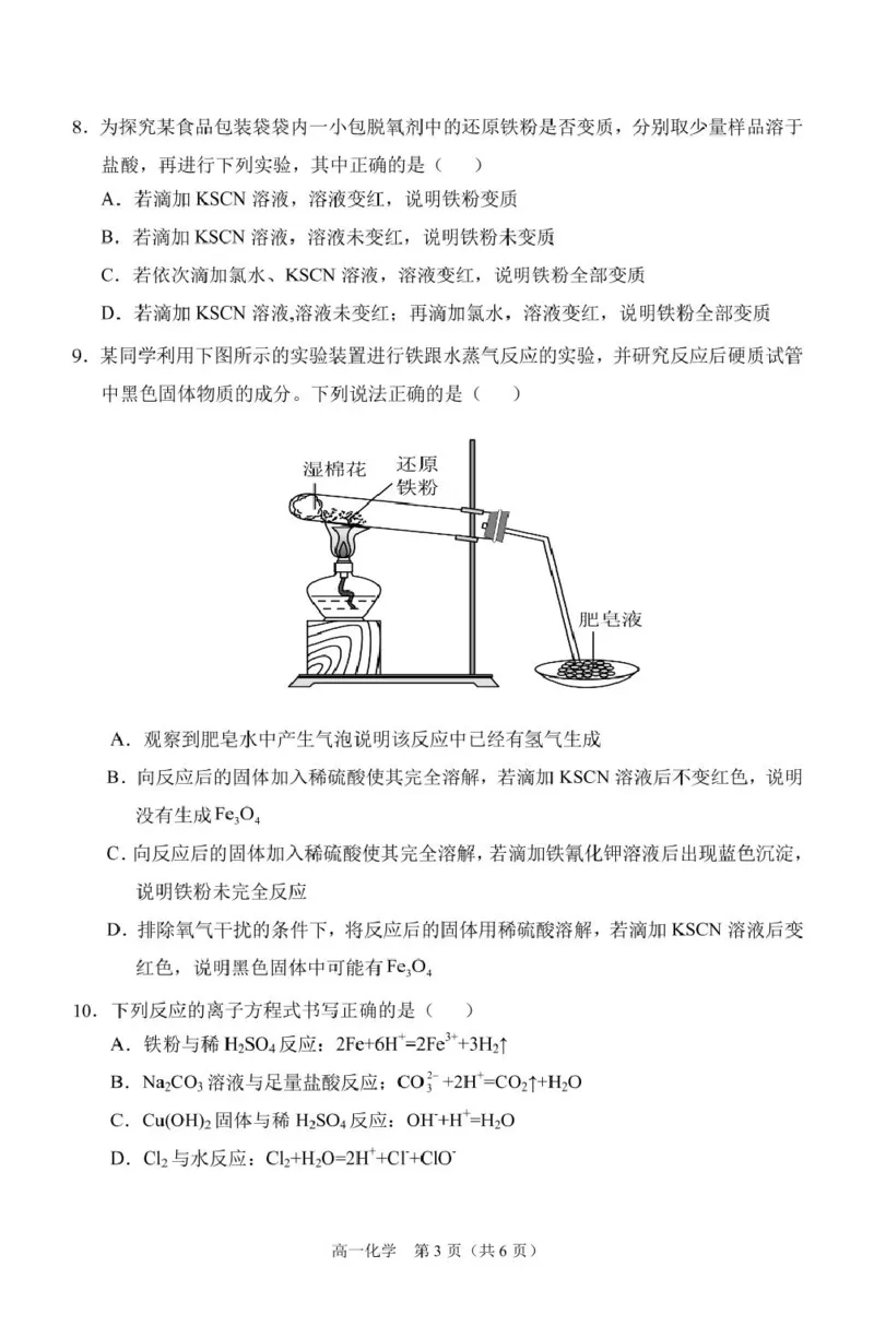 安徽省庐巢联盟2024-2025学年高一上学期第二次月考试题化学PDF版含答案_2024-2025高一（7-7月题库）_2025年01月试卷_0109安徽省庐巢联盟2024-2025学年高一上学期第二次月考试题