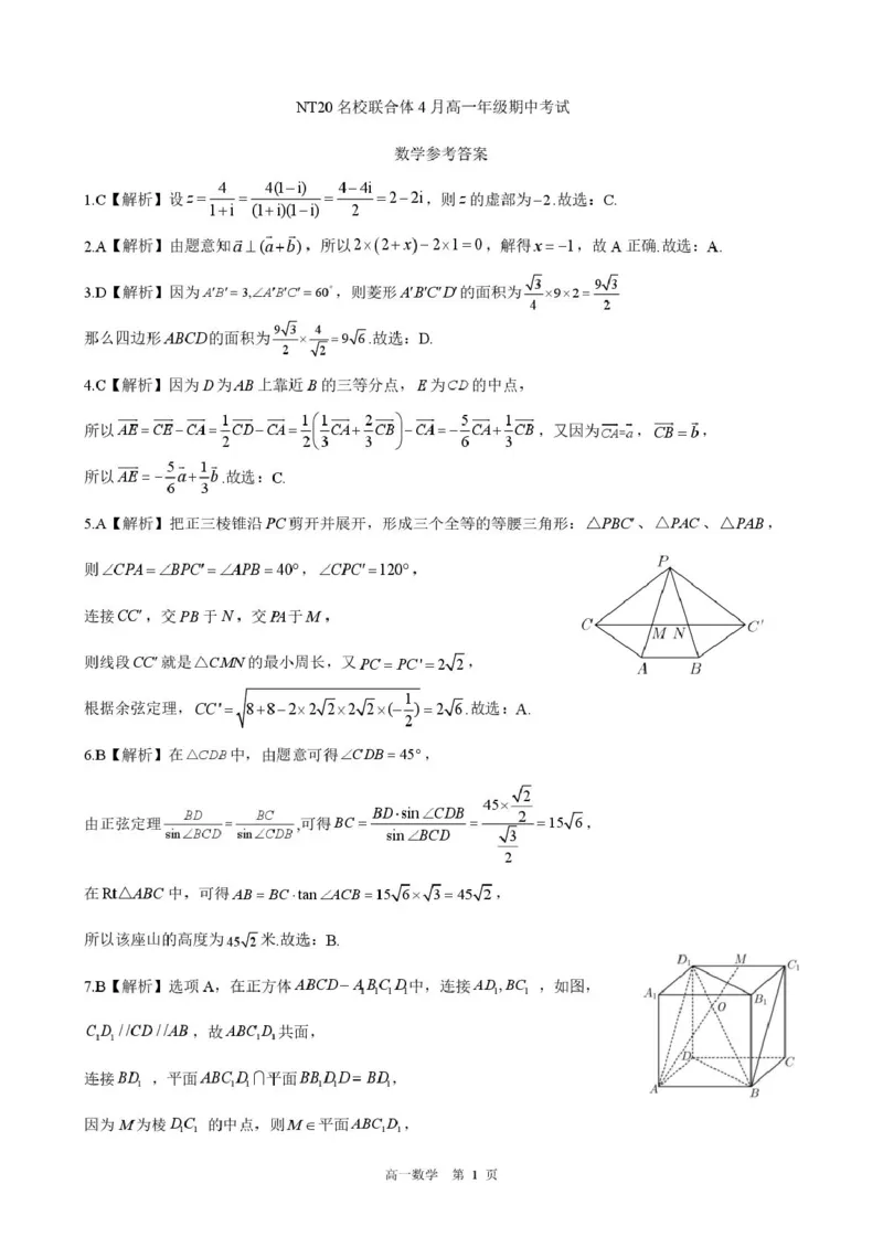 河北省NT20名校联合体2024-2025学年高一下学期4月期中考试数学PDF版含解析_2024-2025高一（7-7月题库）_2025年05月试卷_0522河北省NT20名校联合体2024-2025学年高一下学期4月期中考试
