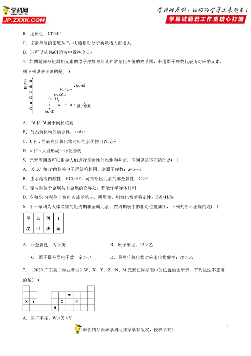 专题4.2.2元素周期表和周期律的应用（备作业）-上好化学课2020-2021学年高一上学期必修第一册同步备课系列（人教版2019）（原卷版）_E015高中全科试卷_化学试题_必修1_1.同步练习
