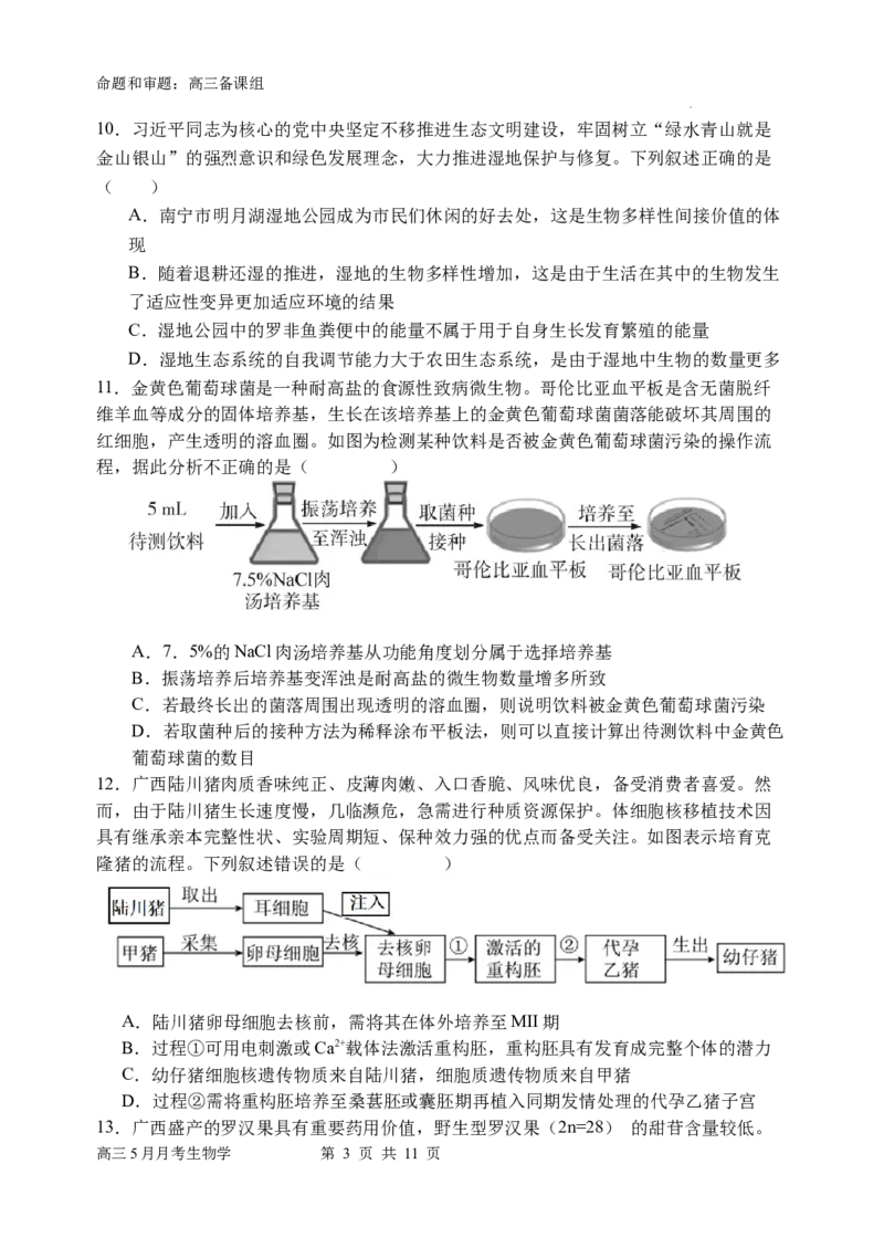 南宁二中高三5月月考试卷生物_2024年5月_01按日期_23号_2024届广西南宁市第二中学高三下学期5月月考_广西南宁市第二中学2023-2024学年高三下学期5月月考生物试题