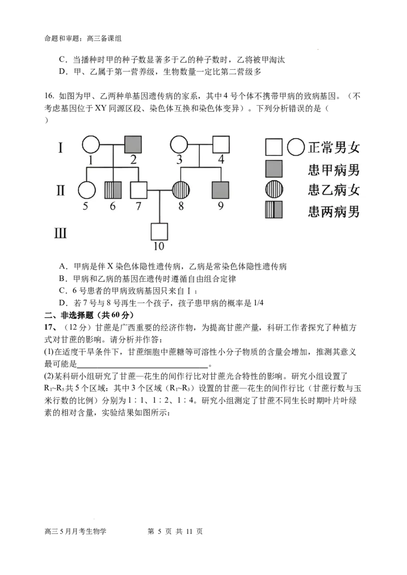 南宁二中高三5月月考试卷生物_2024年5月_01按日期_23号_2024届广西南宁市第二中学高三下学期5月月考_广西南宁市第二中学2023-2024学年高三下学期5月月考生物试题