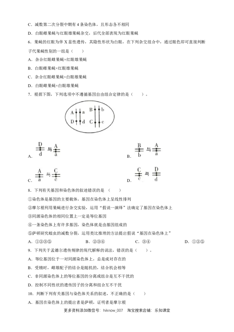 新教材精创2.2基因在染色体上练习（2）（原卷版）_E015高中全科试卷_生物试题_必修2_2.同步练习_1、同步练习