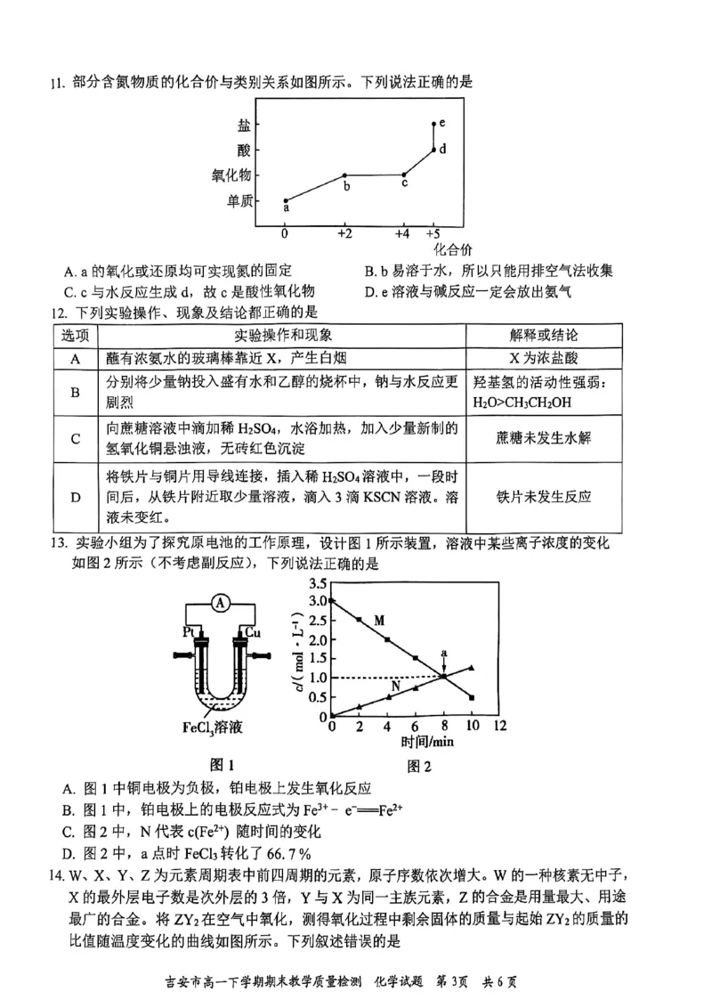 吉安市高一下学期期末教学质量检测化学_2024-2025高一（7-7月题库）_2025年7月_250704江西省吉安市2024-2025学年高一下学期期末教学质量检测