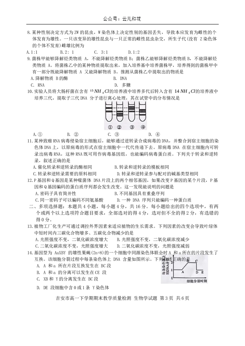 江西省吉安市2023-2024学年高一下学期期末检测生物试题_2024-2025高一（7-7月题库）_2024年8月试卷_0804江西省吉安市2023-2024学年高一下学期期末考试