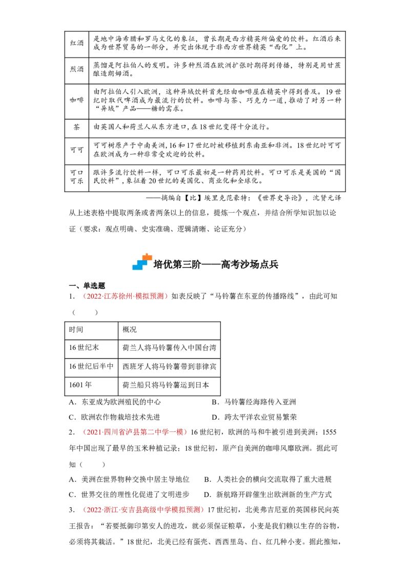 第2课新航路开辟后的食物物种交流（原卷版）_E015高中全科试卷_历史试题_选修2_人教版历史选修二同步练习（042份）_课后培优练2023年