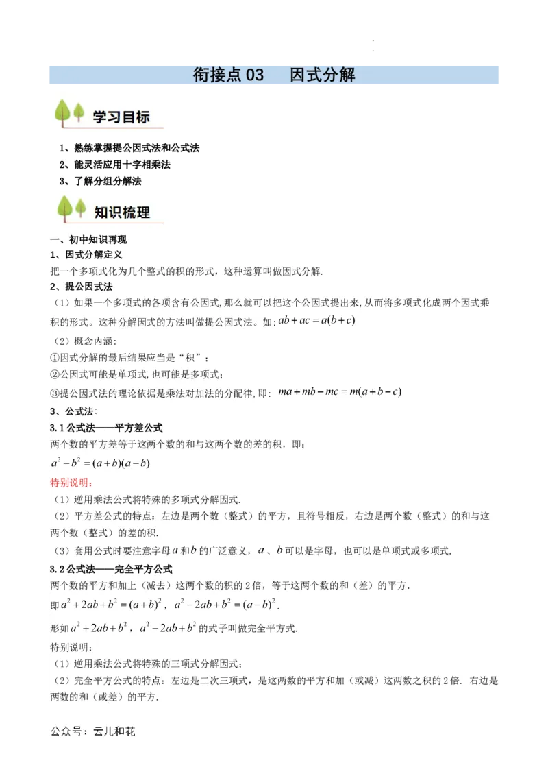 衔接点03因式分解（解析版）_2024-2025高一（7-7月题库）_2024年7月试卷_0708暑假自学课2024年初升高数学无忧衔接（通用版）