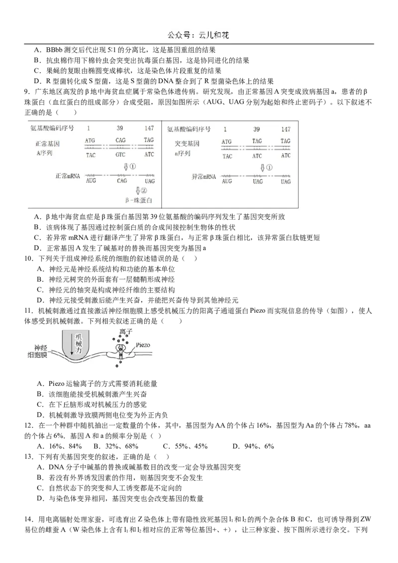 湖南省衡阳市第一中学2023-2024学年高一下学期期末考试生物试题_2024-2025高一（7-7月题库）_2024年8月试卷_0806湖南省衡阳市第一中学2023-2024学年高一下学期期末考试