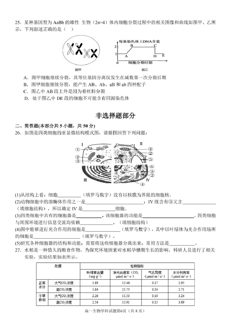 浙江省温州市环大罗山联盟2024-2025学年高一下学期期中考试生物PDF版含答案_2024-2025高一（7-7月题库）_2025年05月试卷_0519浙江省温州市环大罗山联盟2024-2025学年高一下学期期中考试