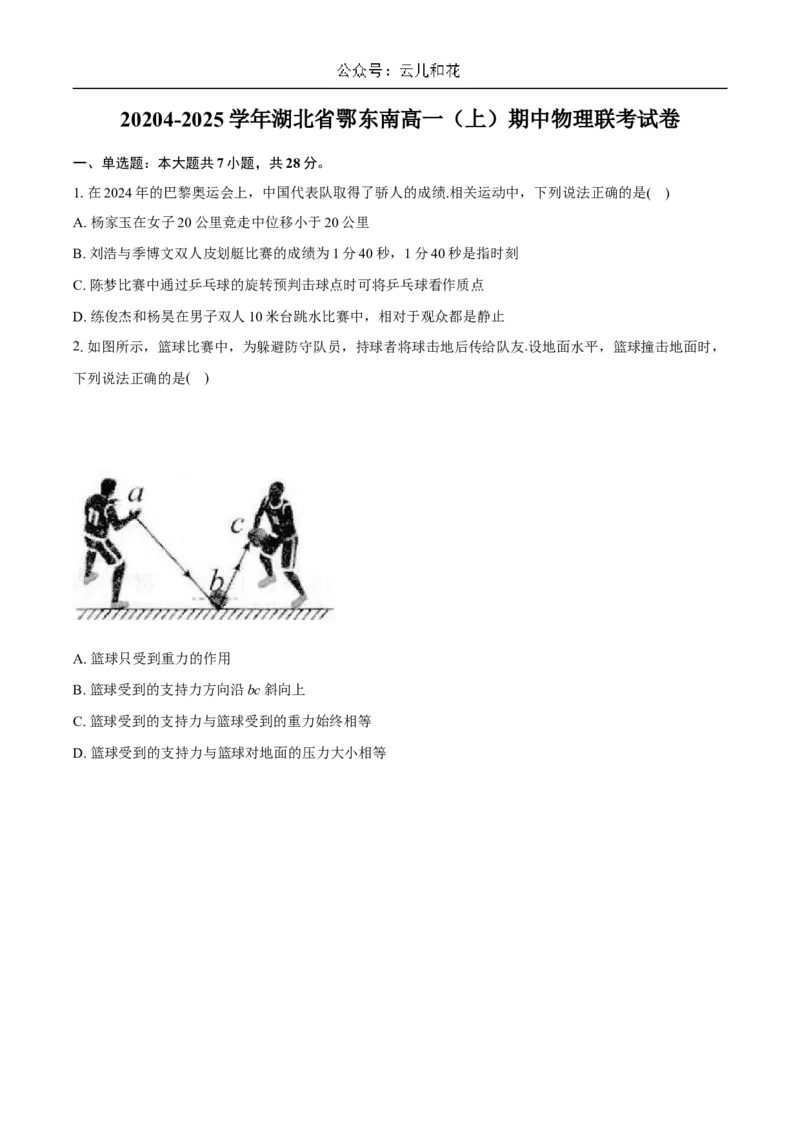 湖北省鄂东南省级示范高中教育教学改革联盟学校2024-2025学年高一上学期期中联考物理试题Word版含答案_2024-2025高一（7-7月题库）_2024年11月试卷