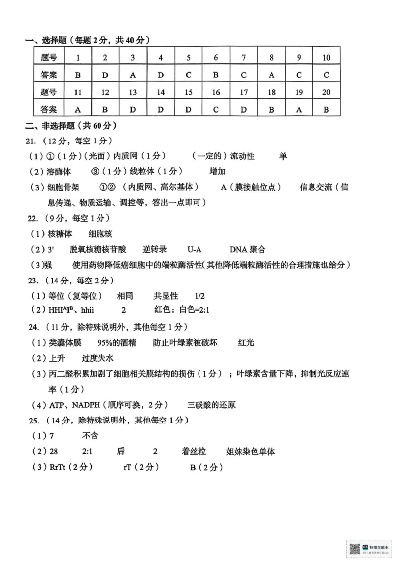 浙江省台州市2024-2025学年高一下学期期末考试生物试题（扫描版，有答案）_2024-2025高一（7-7月题库）_2025年7月_250701浙江台州市2024-2025学年高一下学期6月期末