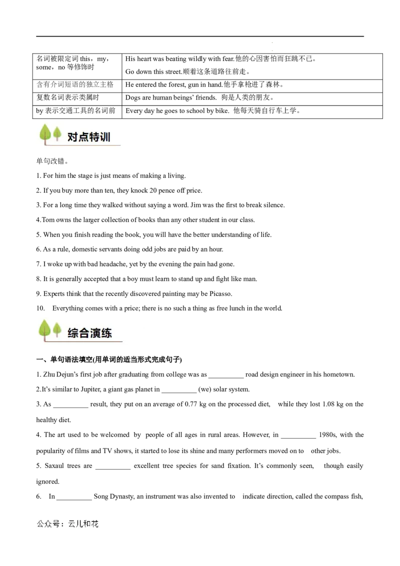 衔接点01名词、冠词（初高考点差异及衔接）（原卷版）_2024-2025高一（7-7月题库）_2024年7月试卷