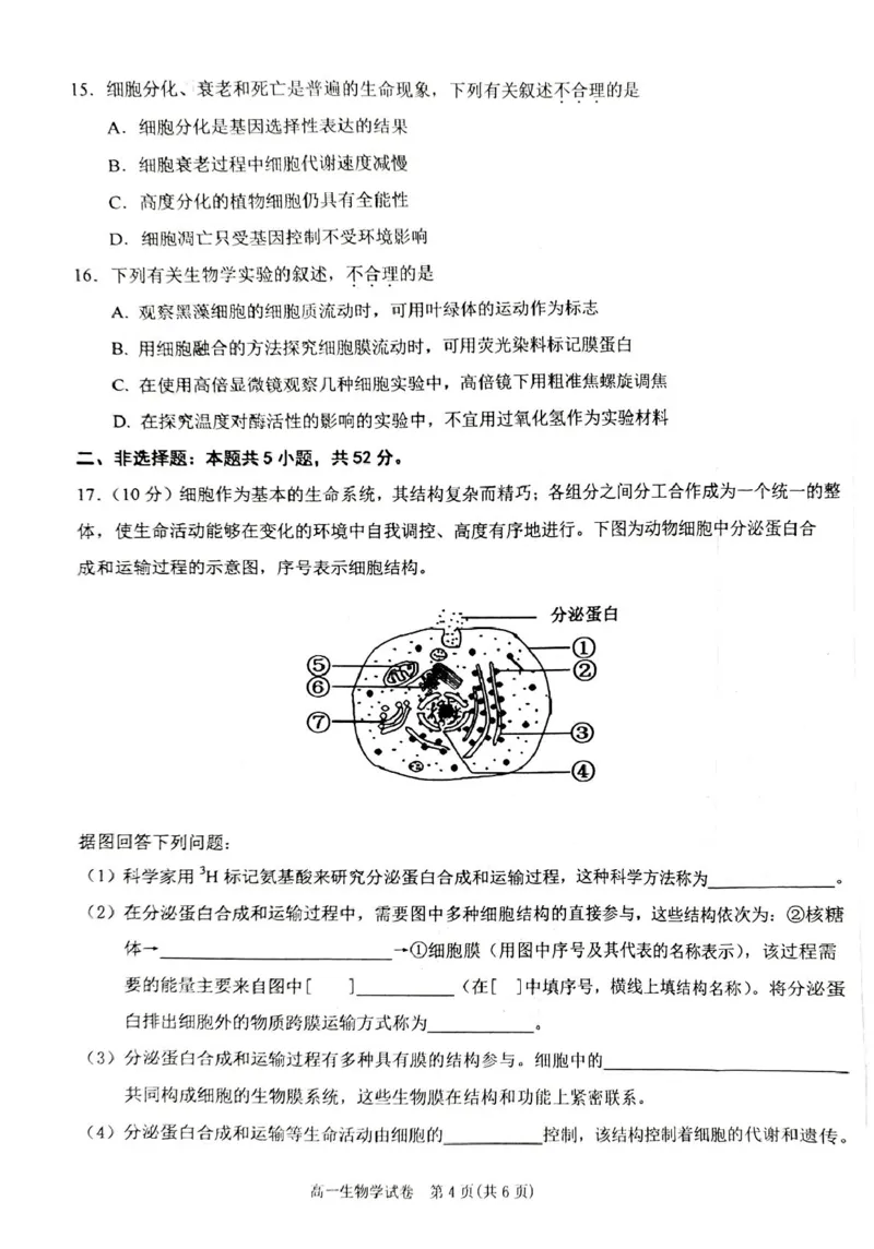 贵州省黔东南苗族侗族自治州2024-2025学年高一上学期1月期末考试生物PDF版无答案_2024-2025高一（7-7月题库）_2025年02月试卷