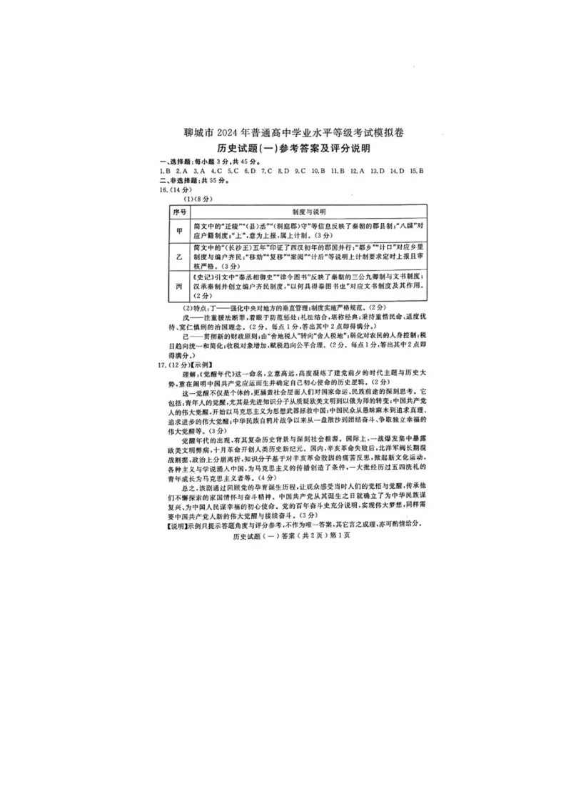 山东省聊城市2024年高考模拟试题（一）历史答案(1)_2024年3月_013月合集_2024届山东省聊城市高考模拟试题（一）
