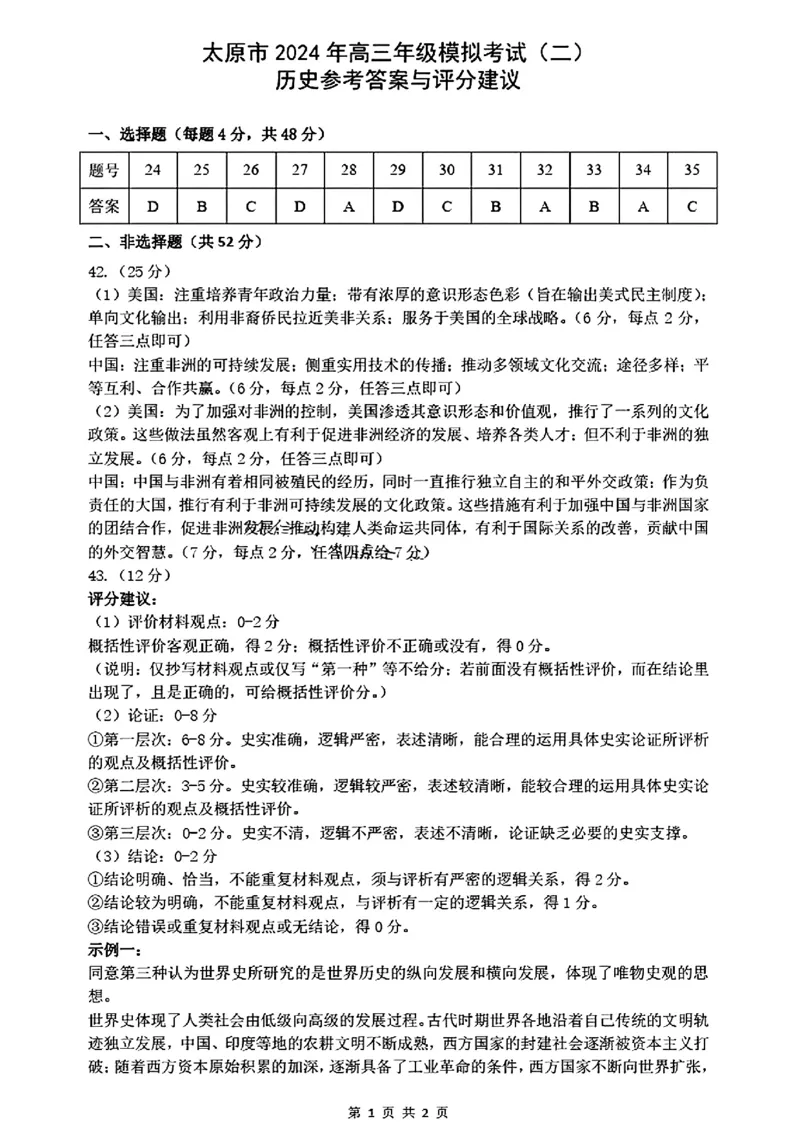 太原二模历史试题答案_2024年4月_01按日期_30号_2024届山西省太原市高三年级模拟考试(二)_2024届山西省太原市高三下学期第二次模拟考试文综
