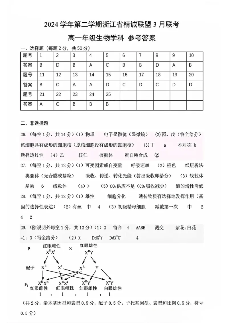 浙江省精诚联盟2024-2025学年高一下学期3月月考生物试题（PDF版，含答案）_2024-2025高一（7-7月题库）_2025年03月试卷_0316浙江省精诚联盟2024-2025学年高一下学期3月月考
